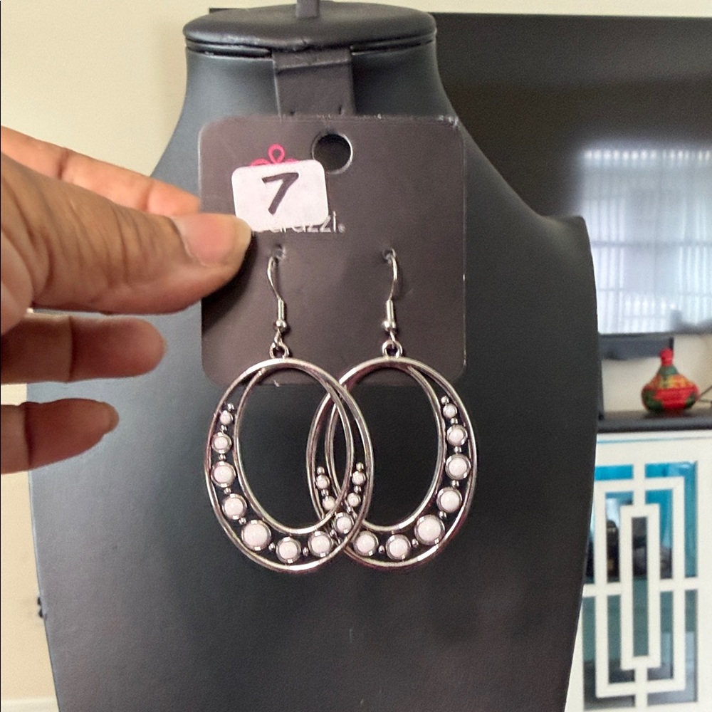 paparazzi Silver Hoop Earrings with White Bead Details